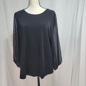 Adrianna Papell black sweater, cream and black polkadot blouse under, sz M